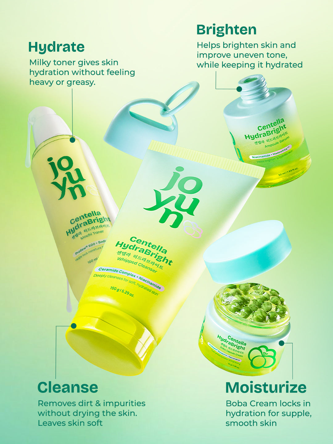 Centella Dewy Skin Routine With Whipped Cleanser, Mochi Toner, Ampoule Serum & Boba Capsule Cream