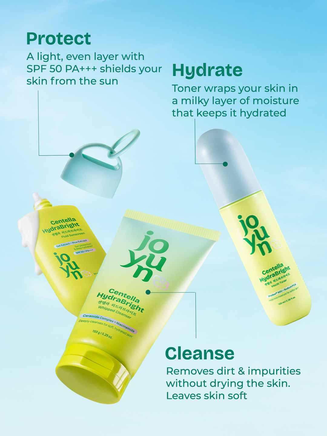 Centella HydraBright Whipped Cream Cleanser, Mochi Toner and Sunscreen Combo
